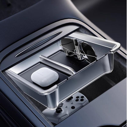 Luminous center console storage organizer for Tesla Model Y Juniper and Model 3 Highland, 2-piece set, fits inside car console.