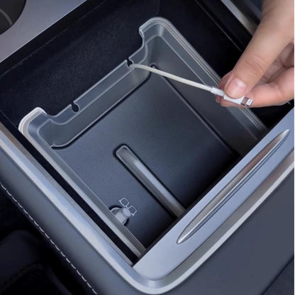 Luminous center console storage organizer kit for Tesla Model Y Juniper and Model 3 Highland, includes two storage boxes.