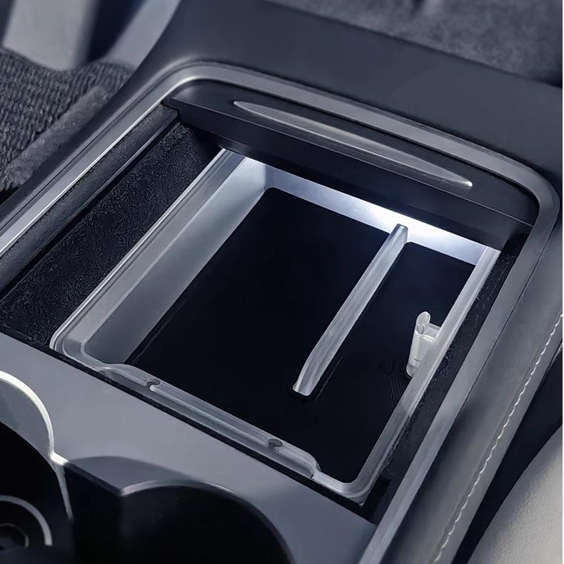 Luminous center console storage organizer kit for Tesla Model Y Juniper and Model 3 Highland, includes two storage boxes.