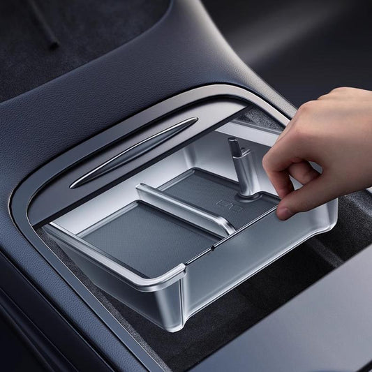 Luminous center console storage organizer for Tesla Model Y Juniper and Model 3 Highland, 2-piece set from Tesery.