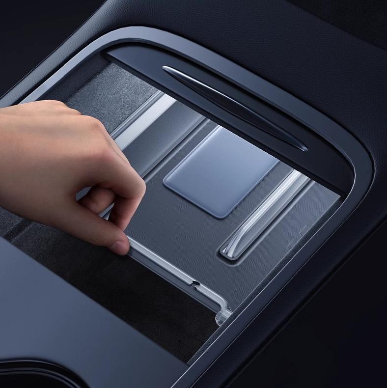 Luminous center console storage organizer for Tesla Model Y Juniper and Model 3 Highland, 2-piece set by Tesery.