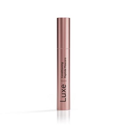 Luxe Conditioning Peptide Mascara by Luxe Cosmetics US with a sleek black tube and wand for defining and conditioning eyelashes.