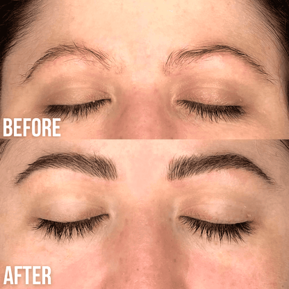 Luxe Cosmetics US Luxe Eyebrow Growth Serum bottle with applicator brush for fuller, thicker eyebrows.