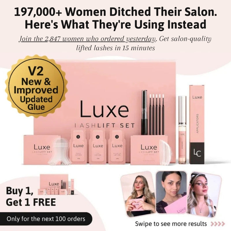 Luxe Cosmetics US Luxe Lashlift Set with tools for eyelash lifting and curling, displayed on a clean white background.