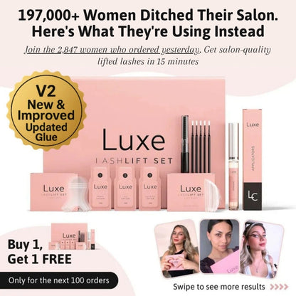 Luxe Cosmetics US Luxe Lashlift Set with tools for eyelash lifting and curling, displayed on a clean white background.