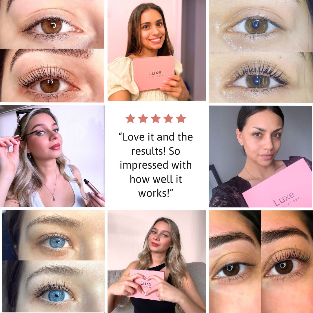 Luxe Lashlift Set by Luxe Cosmetics US, featuring eyelash lift tools and solutions, with a buy one get one free offer.