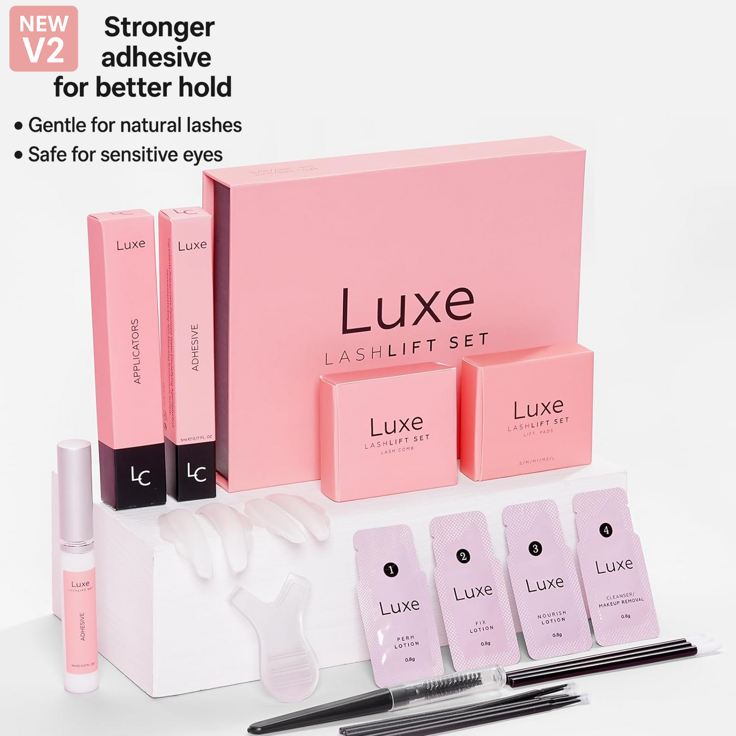 Luxe Lashlift Set by Luxe Cosmetics US with lash lifting tools and solutions for professional eyelash lifting.