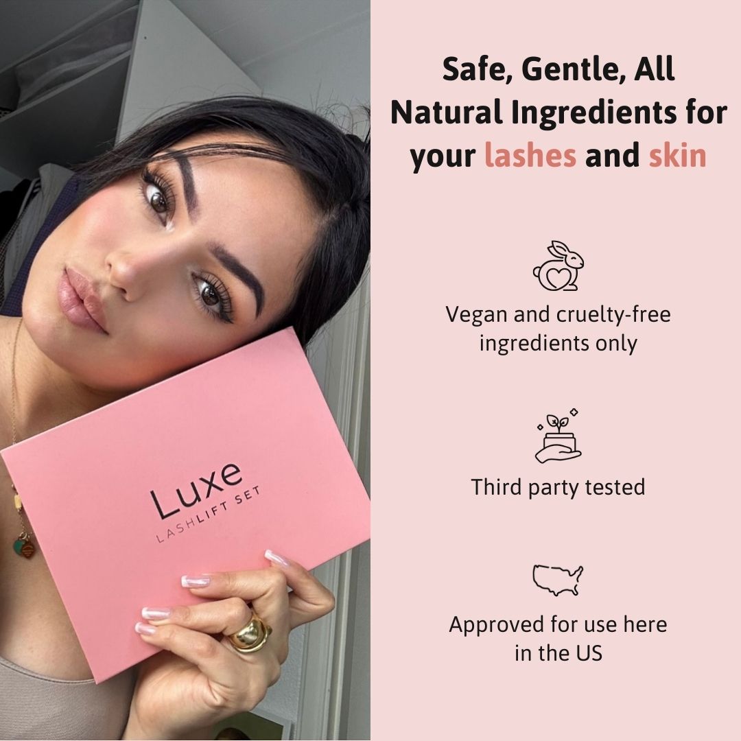 Luxe Cosmetics US Luxe Lashlift Set with tools and solutions for professional eyelash lifting and curling.