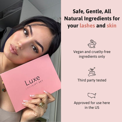 Luxe Cosmetics US Luxe Lashlift Set with tools and solutions for professional eyelash lifting and curling.