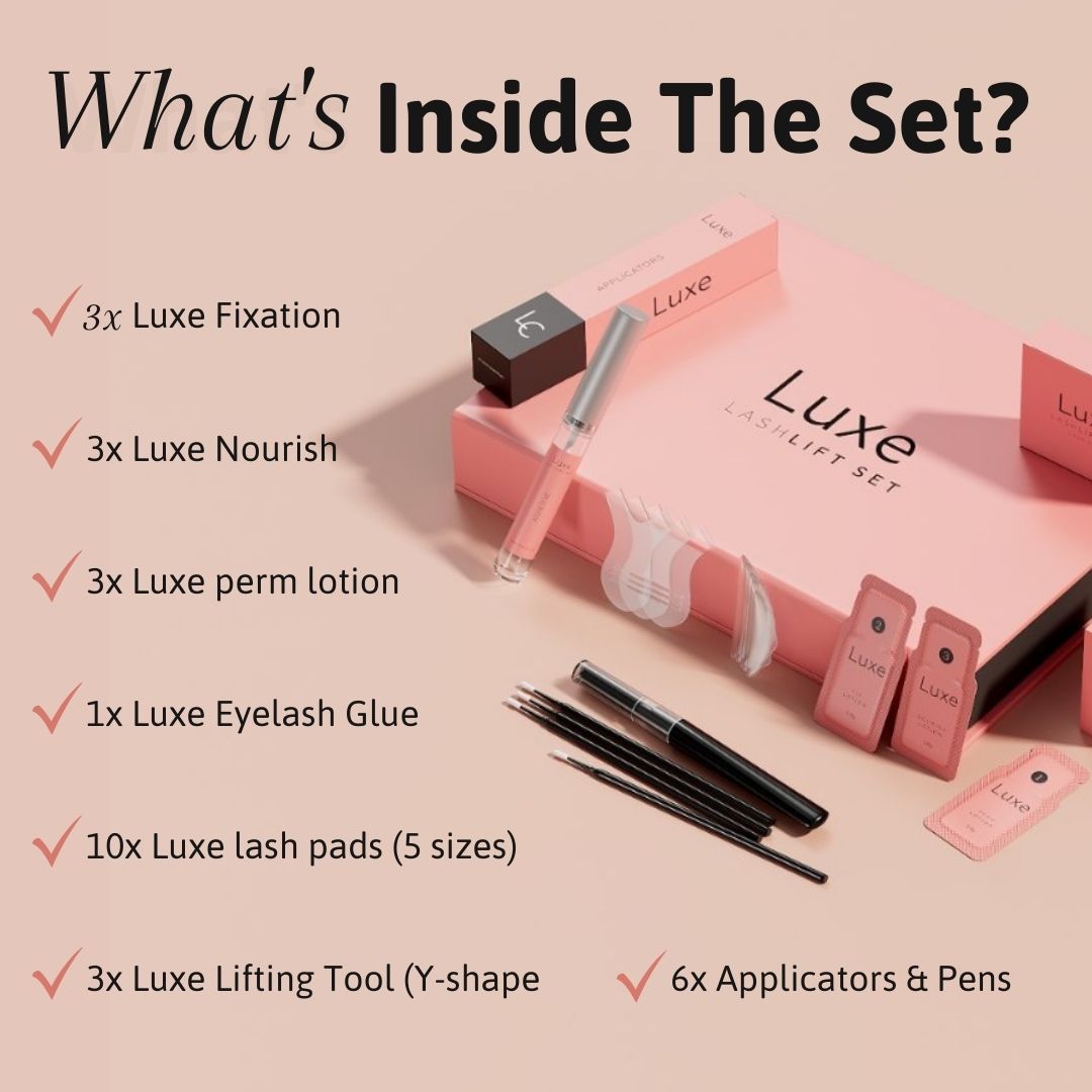 Luxe Cosmetics US Luxe Lashlift Set, professional eyelash lifting kit with tools and solutions for a natural, lifted lash look