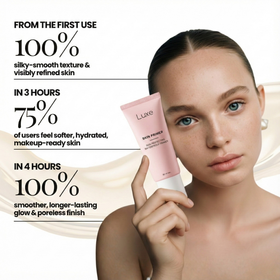 Luxe Cosmetics US Luxe Skin Perfecting Primer in a sleek tube, smooth and creamy texture visible, designed to even skin tone.