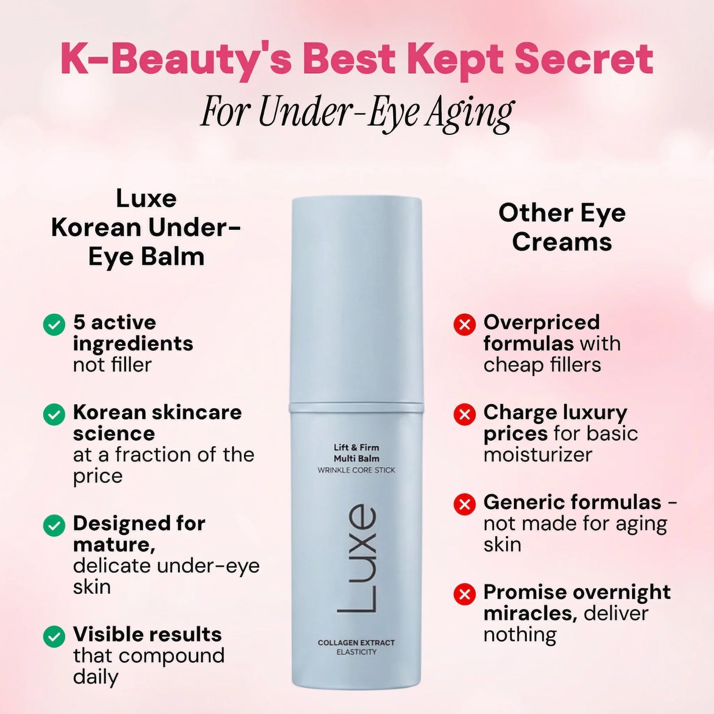 Luxe Korean Under-Eye Balm from Luxe Cosmetics US, a soothing eye bag eraser balm in a sleek container, designed to reduce puffiness.