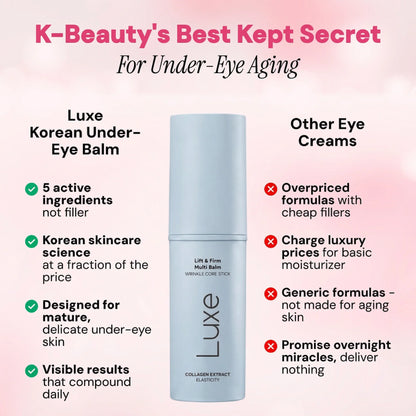 Luxe Korean Under-Eye Balm from Luxe Cosmetics US, a soothing eye bag eraser balm in a sleek container, designed to reduce puffiness.
