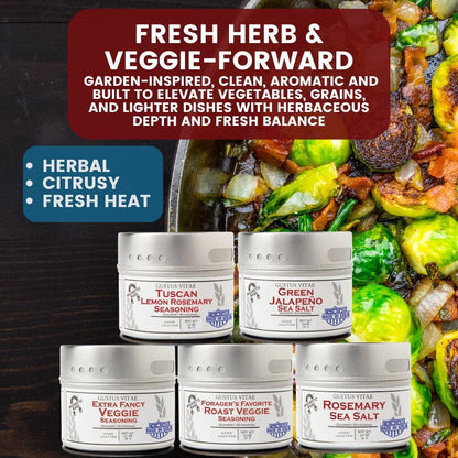 Set of 20 Gustus Vitae luxury pantry refresh tins featuring house favorites, seasonings, and sea salts in decorative containers.