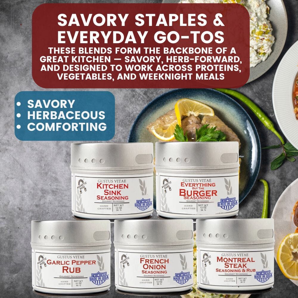 Set of 20 Gustus Vitae luxury pantry refresh tins with house favorites seasonings and sea salts in elegant collection gift set