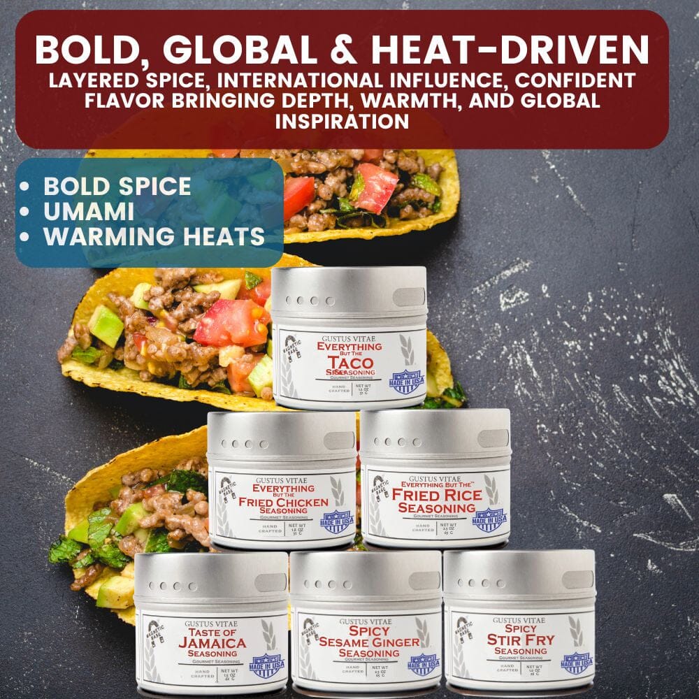 Set of 20 Gustus Vitae luxury pantry tins with house favorites seasonings and sea salts, displayed in an elegant collection.