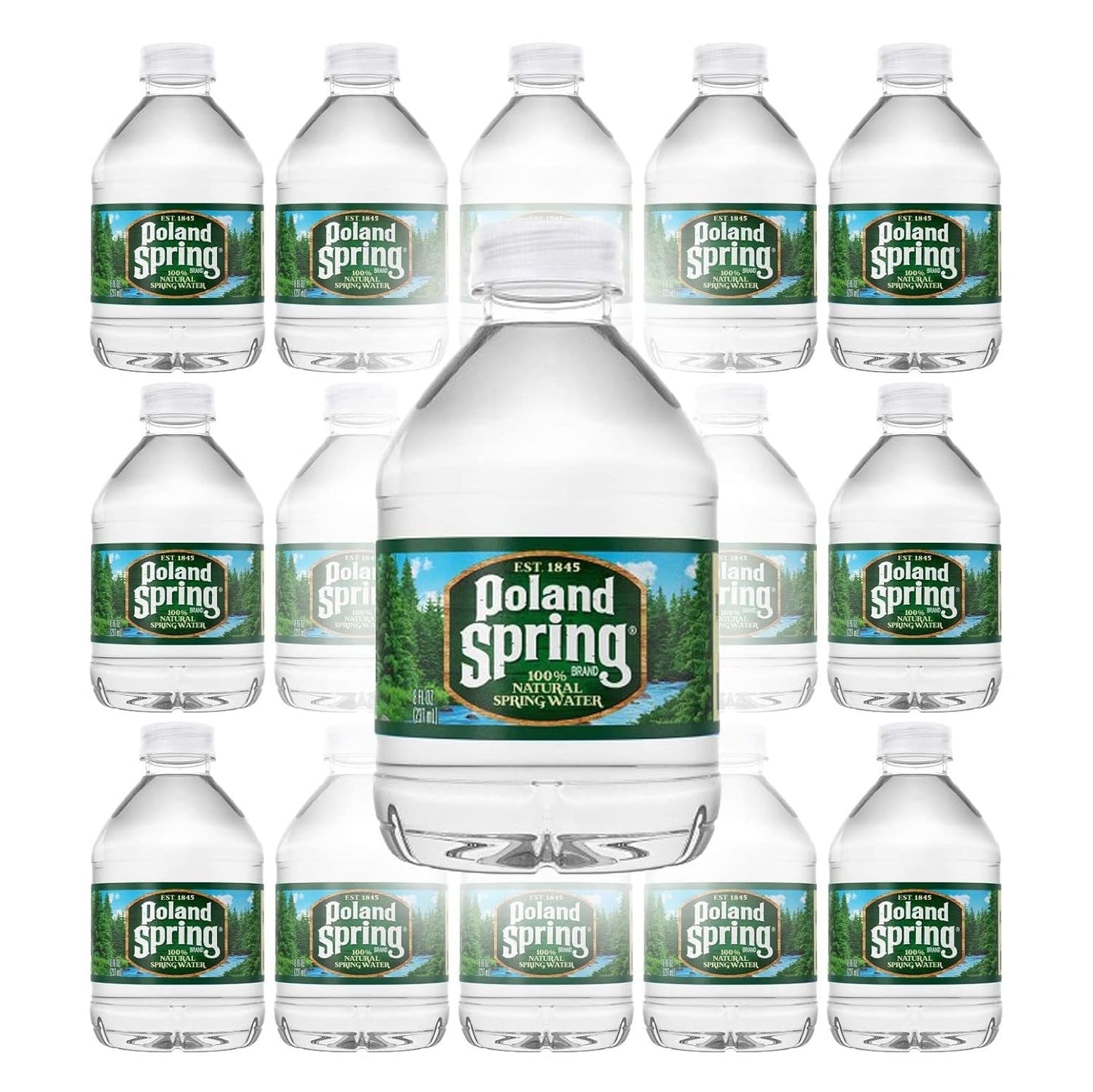Macouba Poland Spring 8 oz bottled water in a 24-pack of small mini bottles, clear plastic bottles filled with spring water.