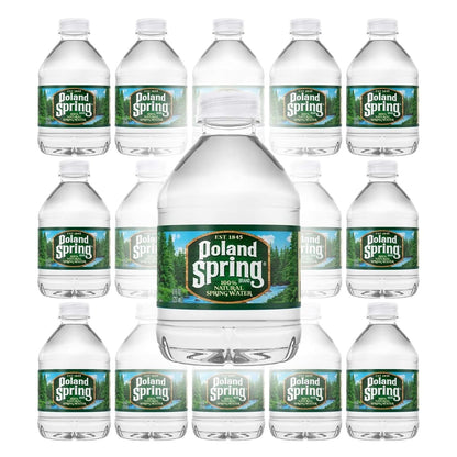 Macouba Poland Spring 8 oz bottled water in a 24-pack of small mini bottles, clear plastic bottles filled with spring water.