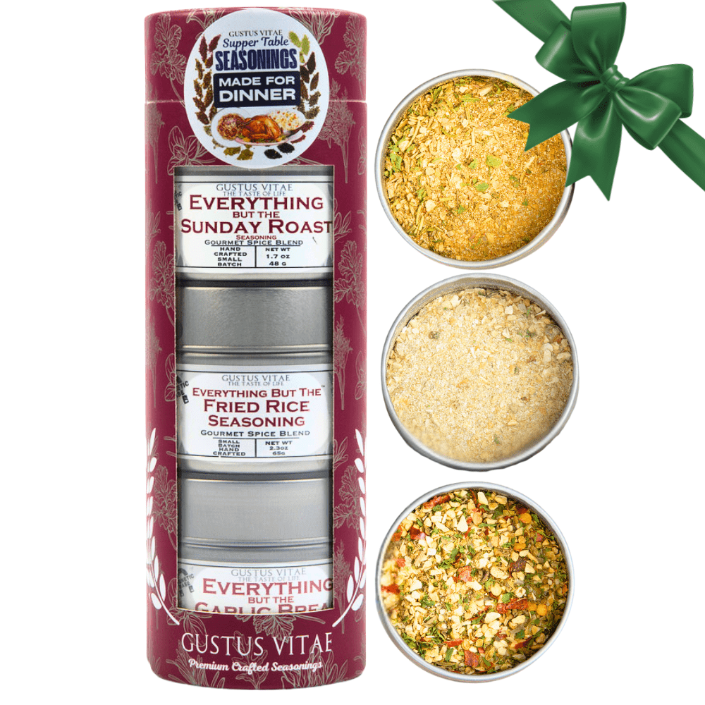 Gustus Vitae Made for Dinner Supper Table Seasonings gift pack set of 3, collection of flavorful spice blends for dinner.