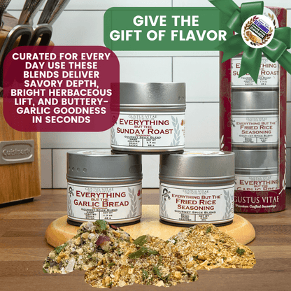 Gustus Vitae Made for Dinner Supper Table Seasonings gift pack with three collection jars on a wooden table.