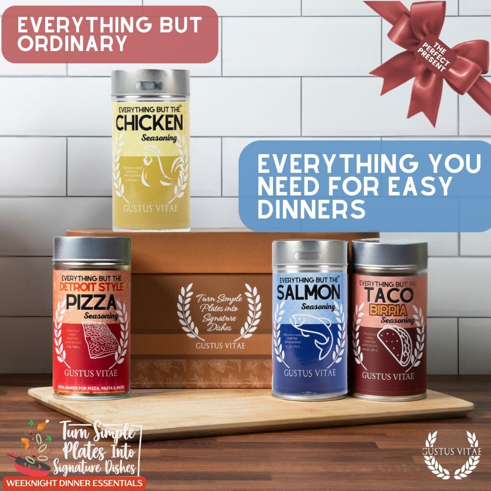 Gustus Vitae made-for-everything weeknight dinner seasonings gift set with four collection jars on a wooden table.