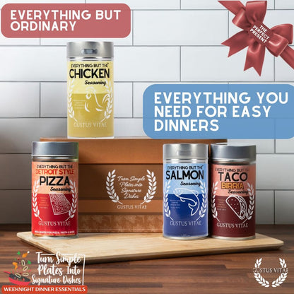 Gustus Vitae made-for-everything weeknight dinner seasonings gift set with four collection jars on a wooden table.