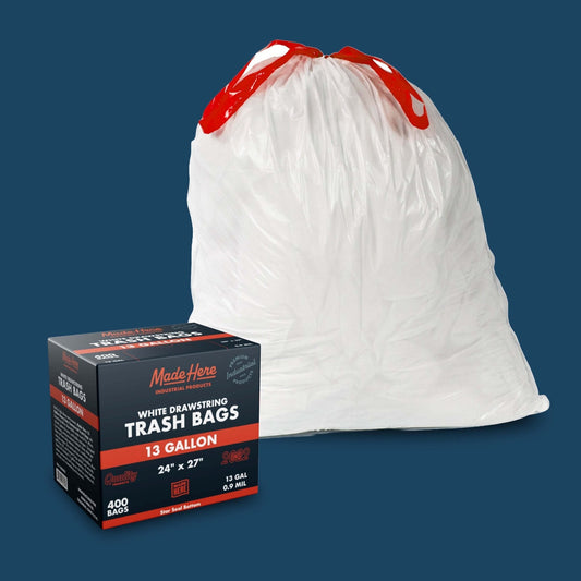 Made Here Industrial Products 13-gallon trash bags with drawstring, 200-count, durable waste disposal solution.