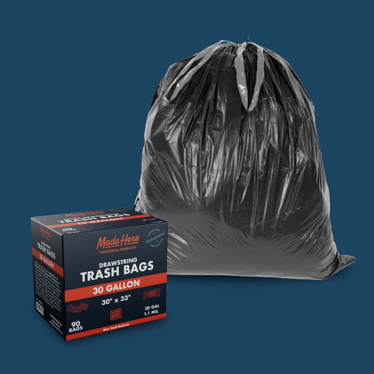 Made Here Industrial Products 13-gallon trash bag with drawstring, 200-count, durable waste disposal solution.