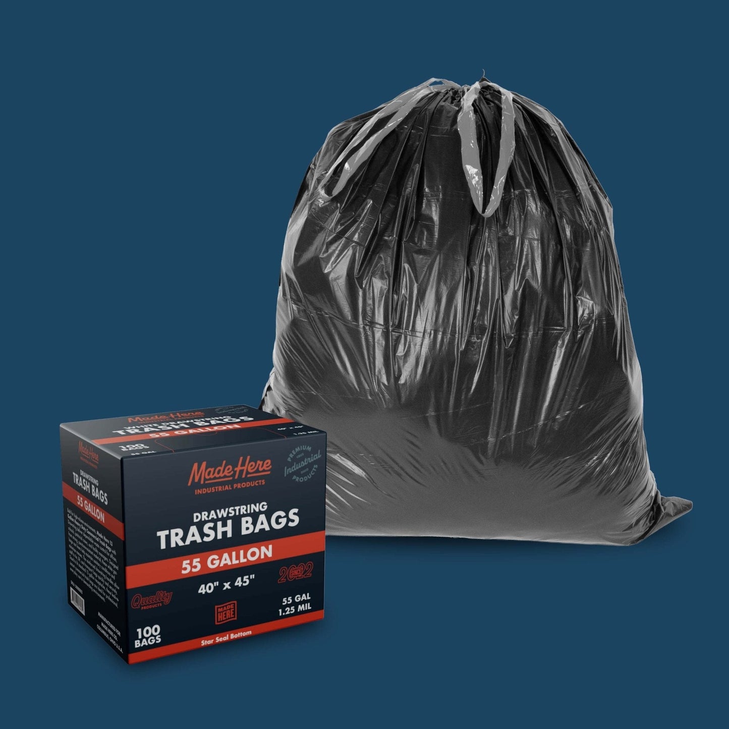 13-gallon Made Here Industrial trash bag with drawstring, 200-count, standard waste disposal bag for kitchen or office use.