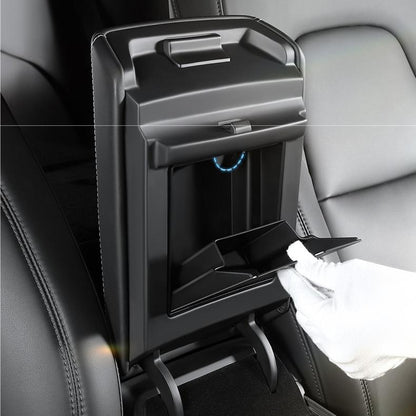 Magnetic hidden center console storage box for Tesla Model Y Juniper and Model 3 Highland, made by Tesery.