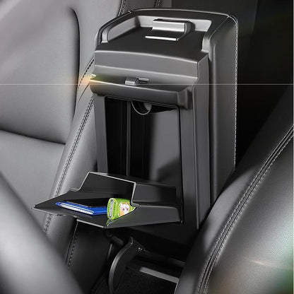 Magnetic hidden center console storage box for Tesla Model Y Juniper and Model 3 Highland, designed for organized interior storage.