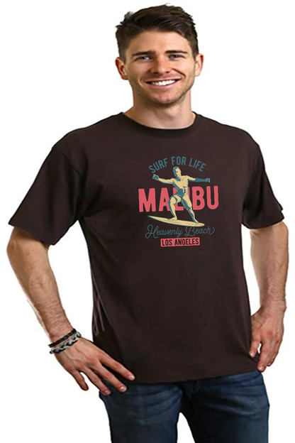 Men's Spun Bamboo Malibu graphic T-shirt made from bamboo viscose and organic cotton, featuring a short sleeve design and vibrant print.