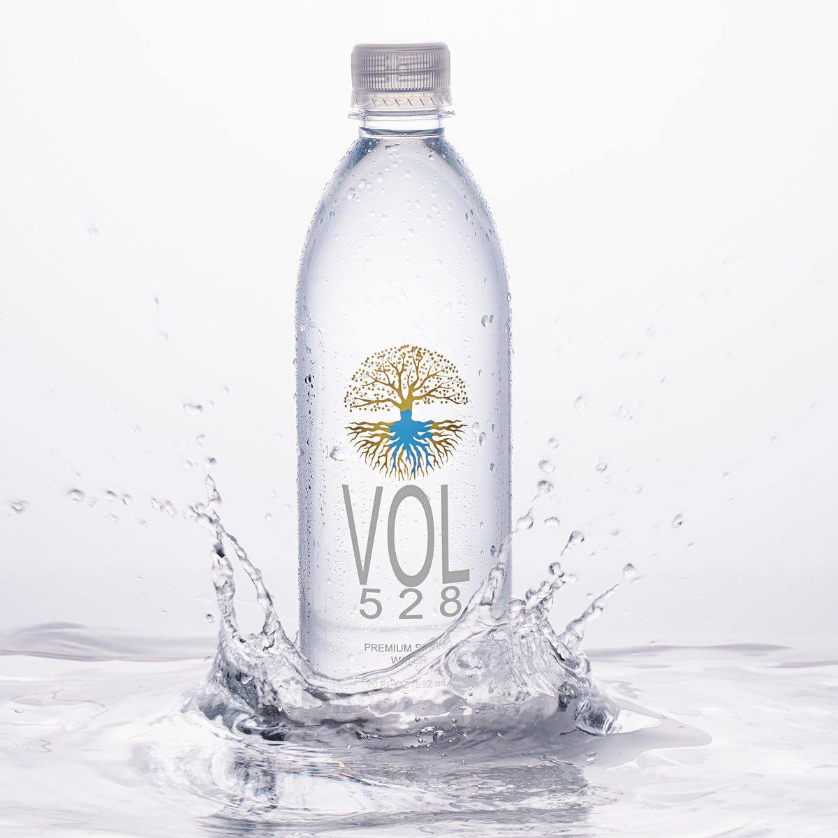 16.9oz bottle of VOL528HZwater, a food and drink product, with a clear label and water inside in a natural setting