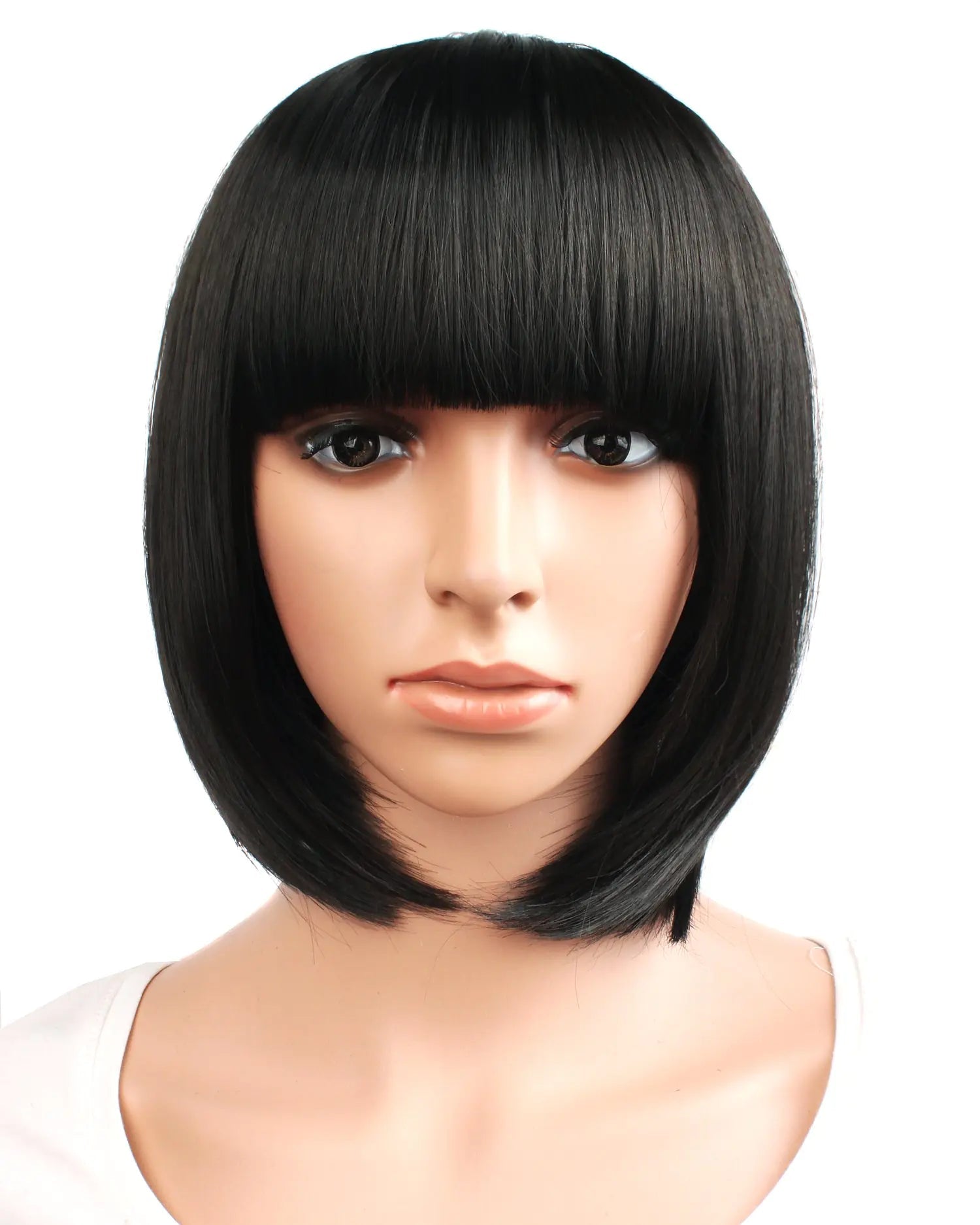 MapofBeauty 12" / 30cm Popular Natural Short Straight Wigs Flat Bangs Wigs-Black-Ladies.