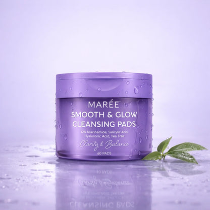 Maree 12% Niacinamide Smooth & Glow Pads displayed on a skincare product display with open pads in a clear container.