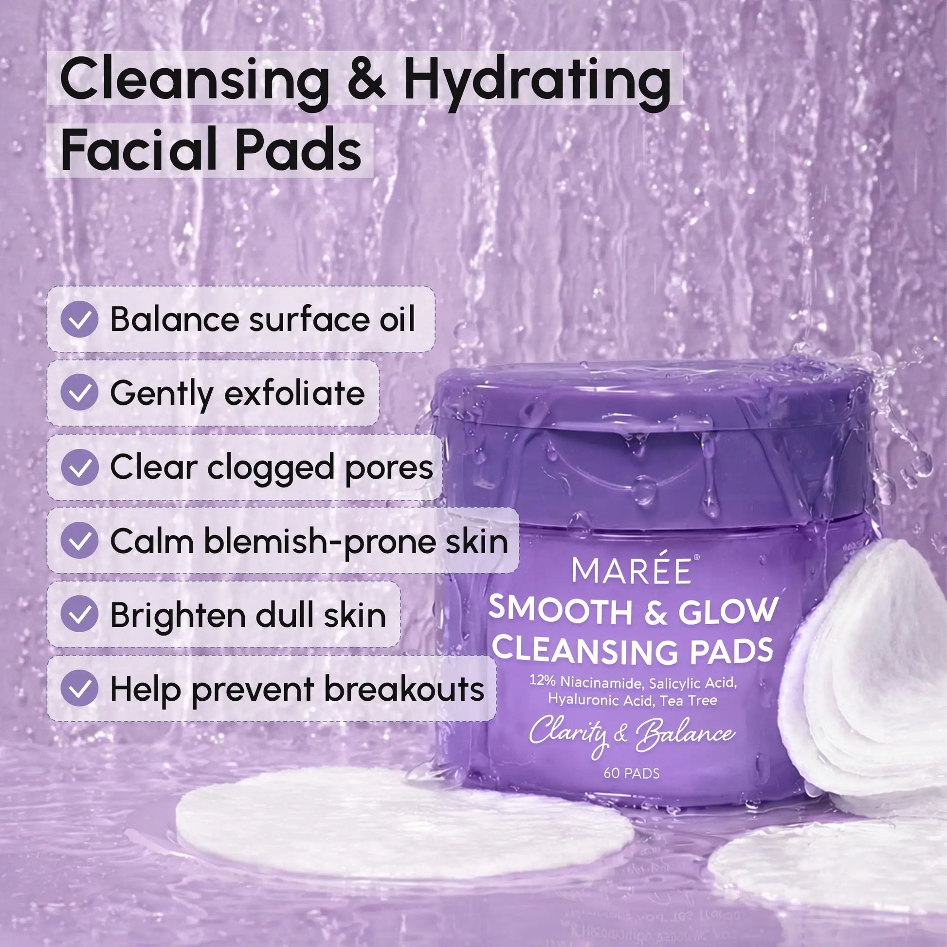 Maree 12% Niacinamide Smooth & Glow Pads for brightening and skin smoothing, shown in a sleek jar with applicator pads.