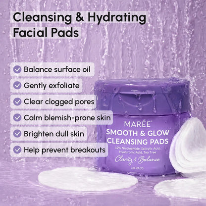 Maree 12% Niacinamide Smooth & Glow Pads for brightening and skin smoothing, shown in a sleek jar with applicator pads.