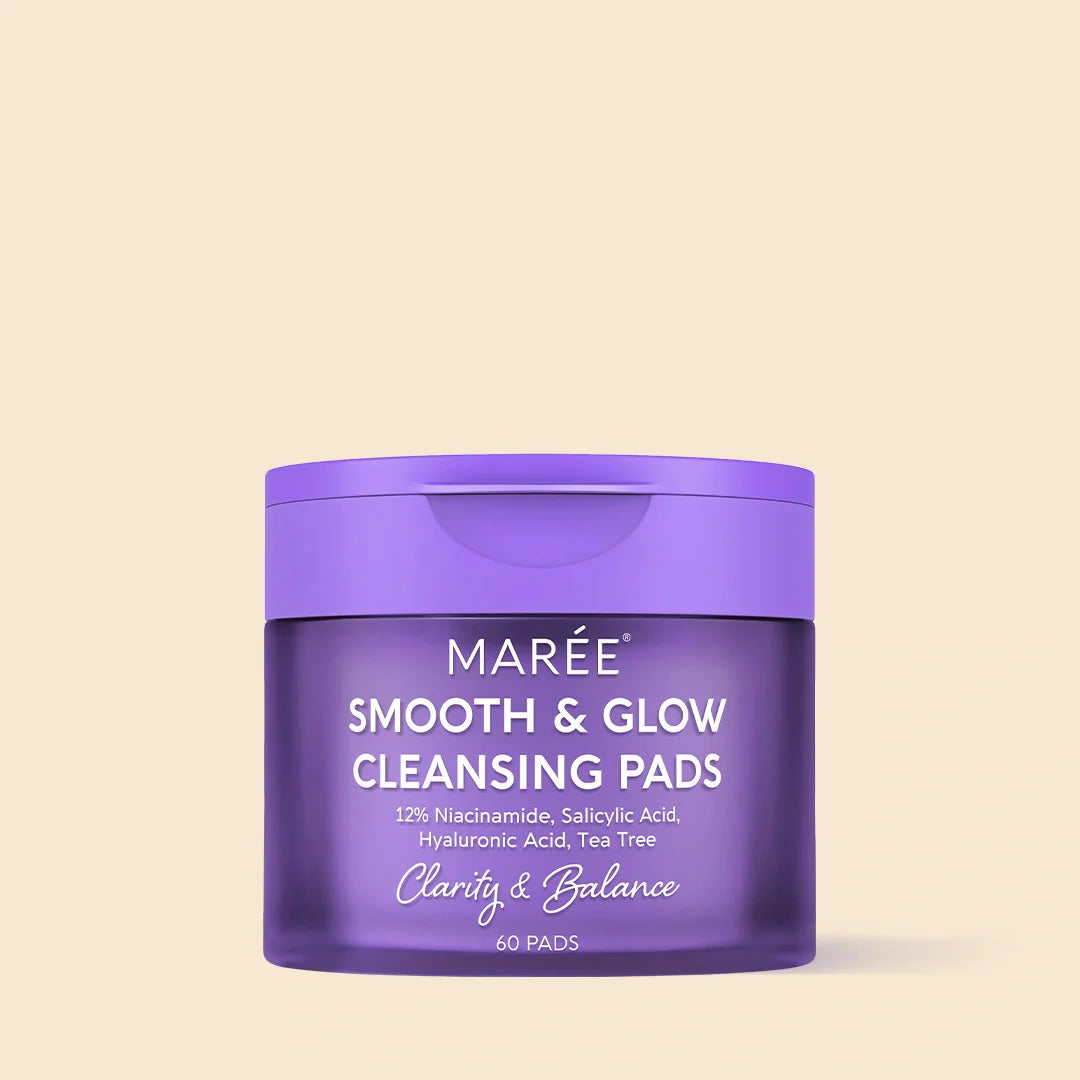 Maree 12% Niacinamide Smooth & Glow Pads showing the product in a sleek container with applicator pads for skincare.
