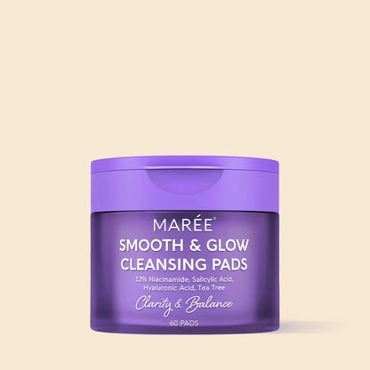 Maree 12% Niacinamide Smooth & Glow Pads showing the product in a sleek container with applicator pads for skincare.