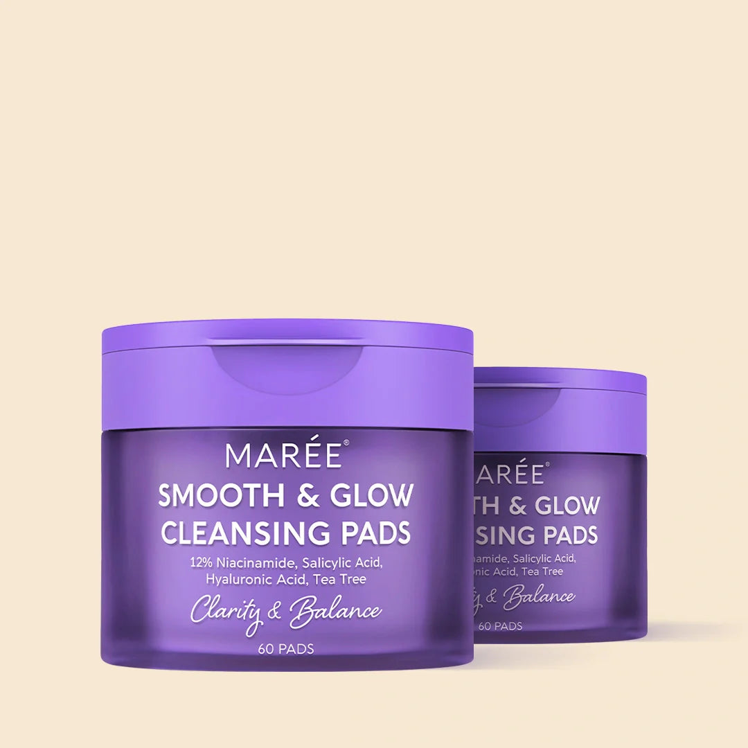 Maree 12% Niacinamide Smooth & Glow Pads for brightening and skin smoothing, with textured pads shown on a white background.