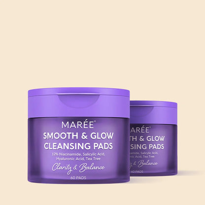 Maree 12% Niacinamide Smooth & Glow Pads for brightening and skin smoothing, with textured pads shown on a white background.