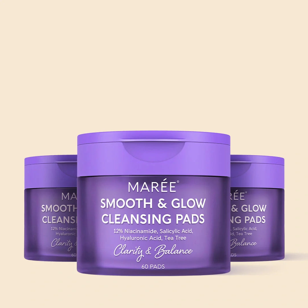 Maree 12% Niacinamide Smooth & Glow Pads in a clear jar with pads ready for skincare routine application.