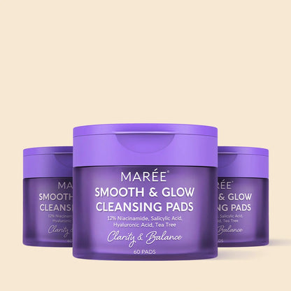 Maree 12% Niacinamide Smooth & Glow Pads in a clear jar with pads ready for skincare routine application.