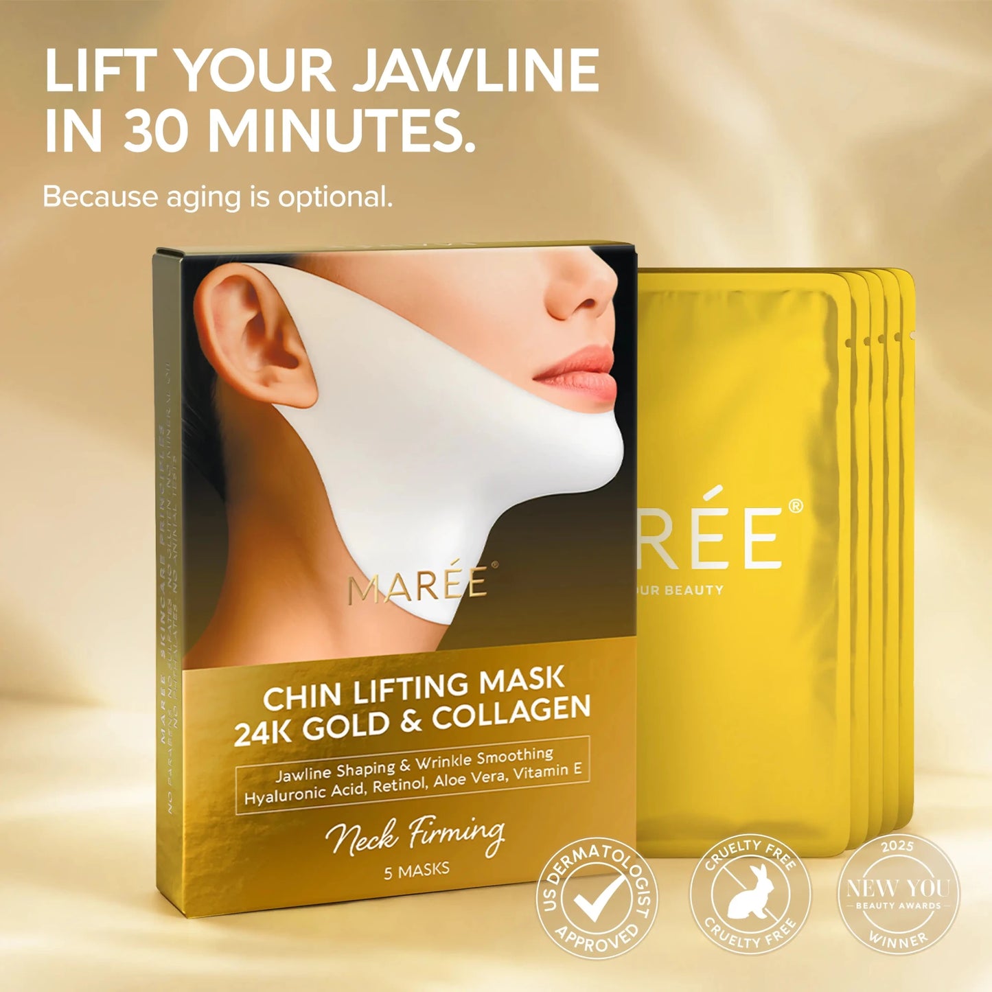 Maree 24K Gold Chin and Jawline Lifting Mask applied on the chin and jawline for skin firming and contouring.