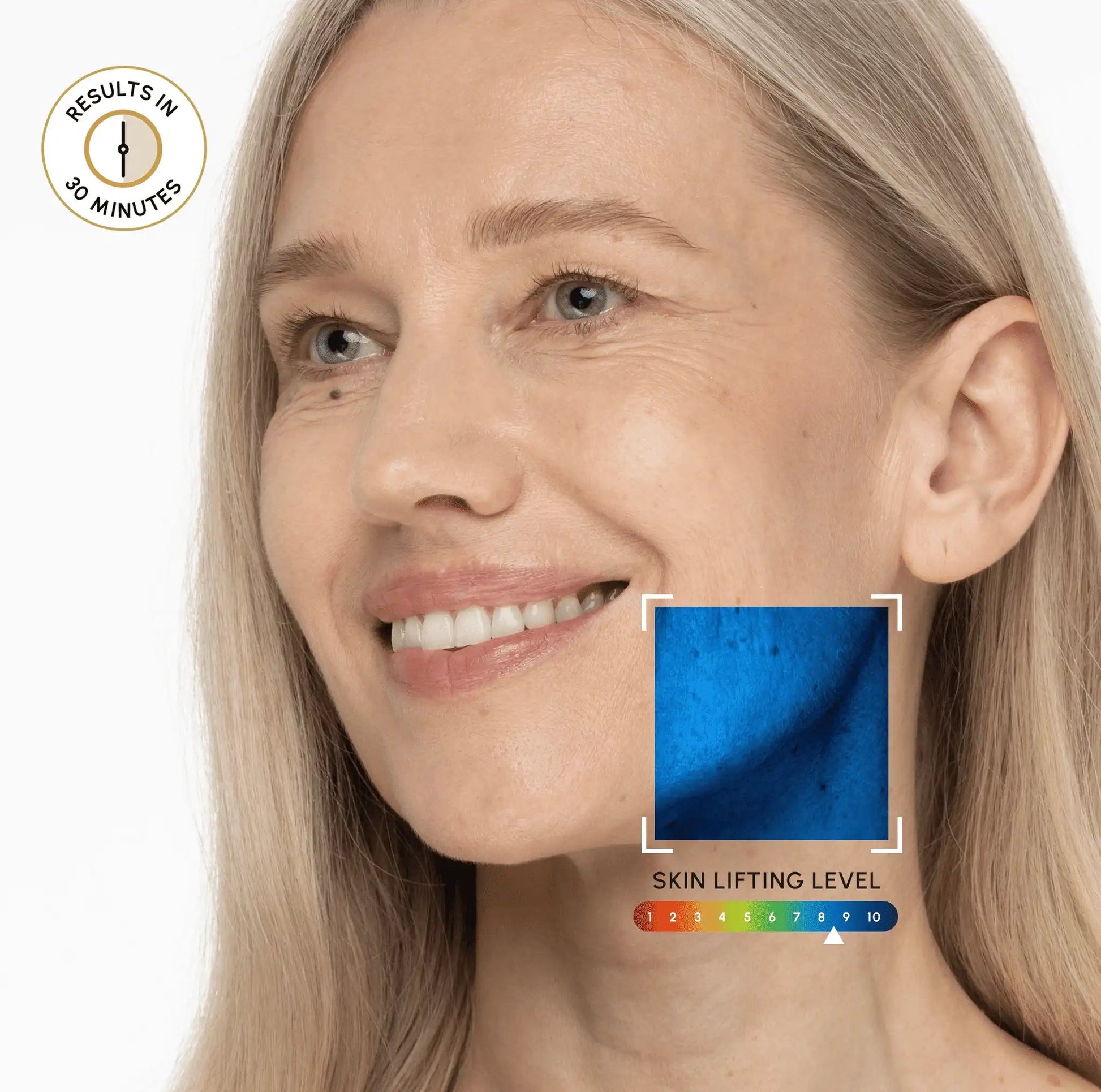 Maree 24K Gold chin and jawline lifting mask applied to the face for skin tightening and contouring.