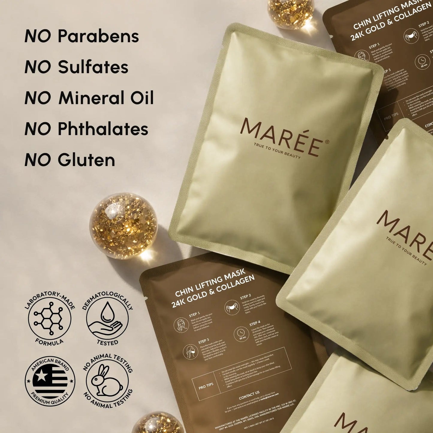 Maree 24K Gold Chin and Jawline Lifting Mask applied on face, showcasing its elegant packaging and luxurious gold design.