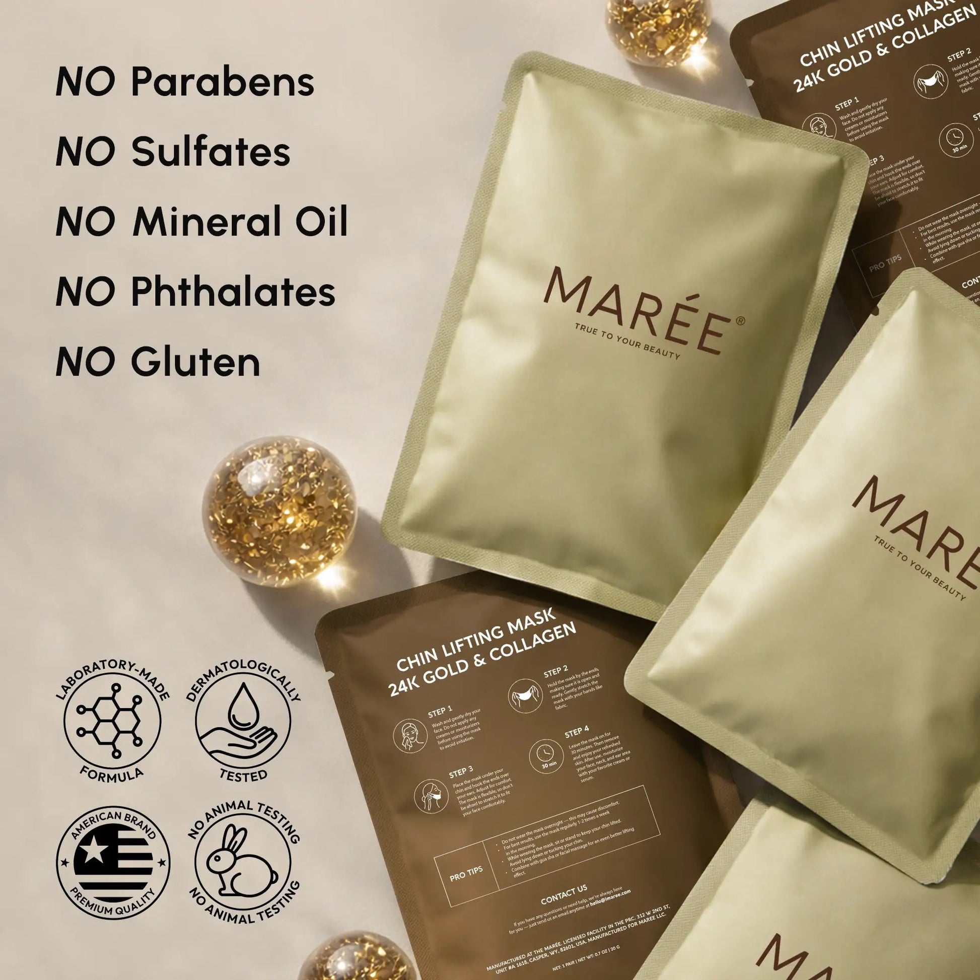 Maree 24K Gold Chin and Jawline Lifting Mask applied on face, showcasing its elegant packaging and luxurious gold design.