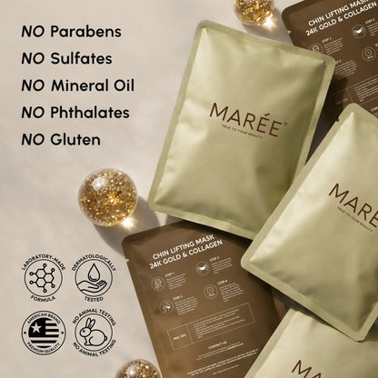 Maree 24K Gold Chin and Jawline Lifting Mask applied on face, showcasing its elegant packaging and luxurious gold design.