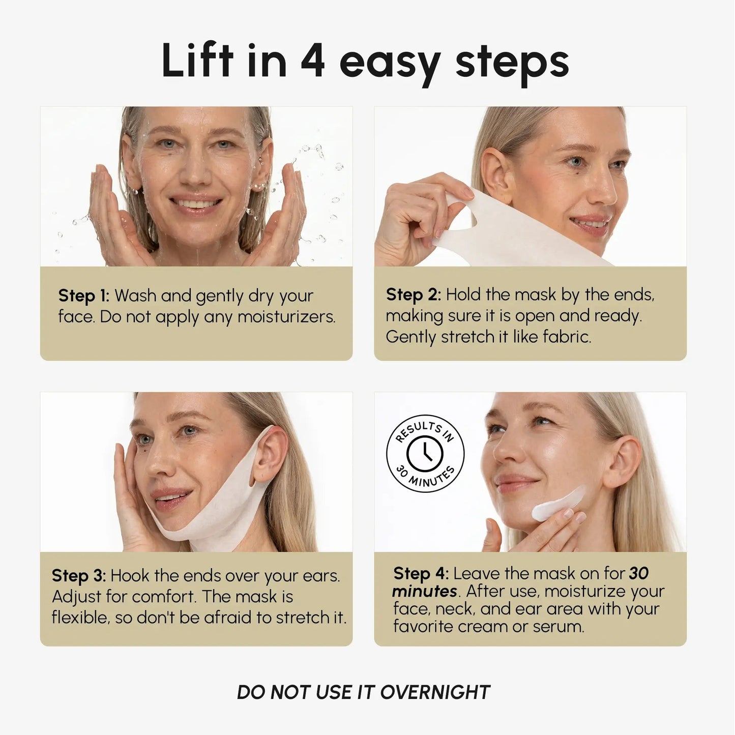 Maree 24K Gold Chin and Jawline Lifting Mask applied on the chin and jawline area for skin tightening and lifting.