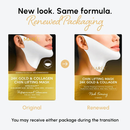 Maree 24K Gold Chin and Jawline Lifting Mask applied on a woman's face showing its lifting and firming effects.